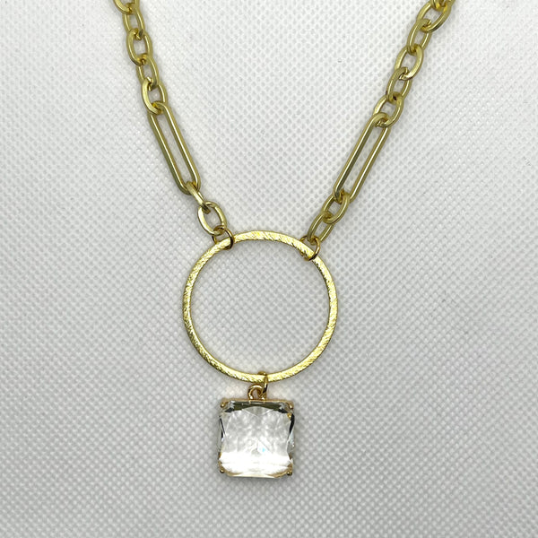 Gold Tone 18" Necklace with Clear Crystal Pendant